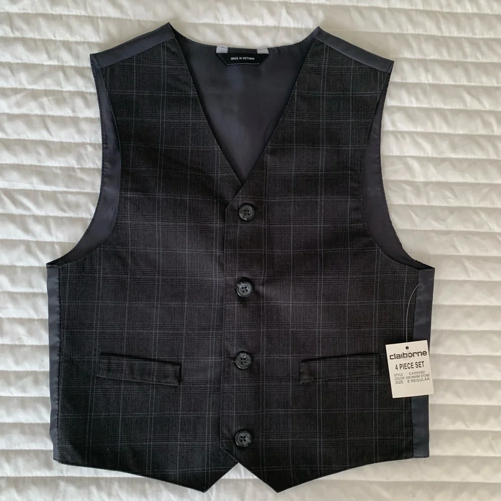 NWT Claiborne Suit Set Boys Size 6R Blue Gray 4 PC Vest Shirt Pants Clip On Tie